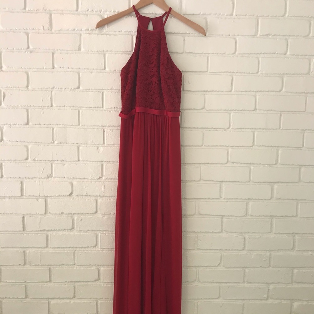 David’s Bridal red halter neck bridesmaids dress